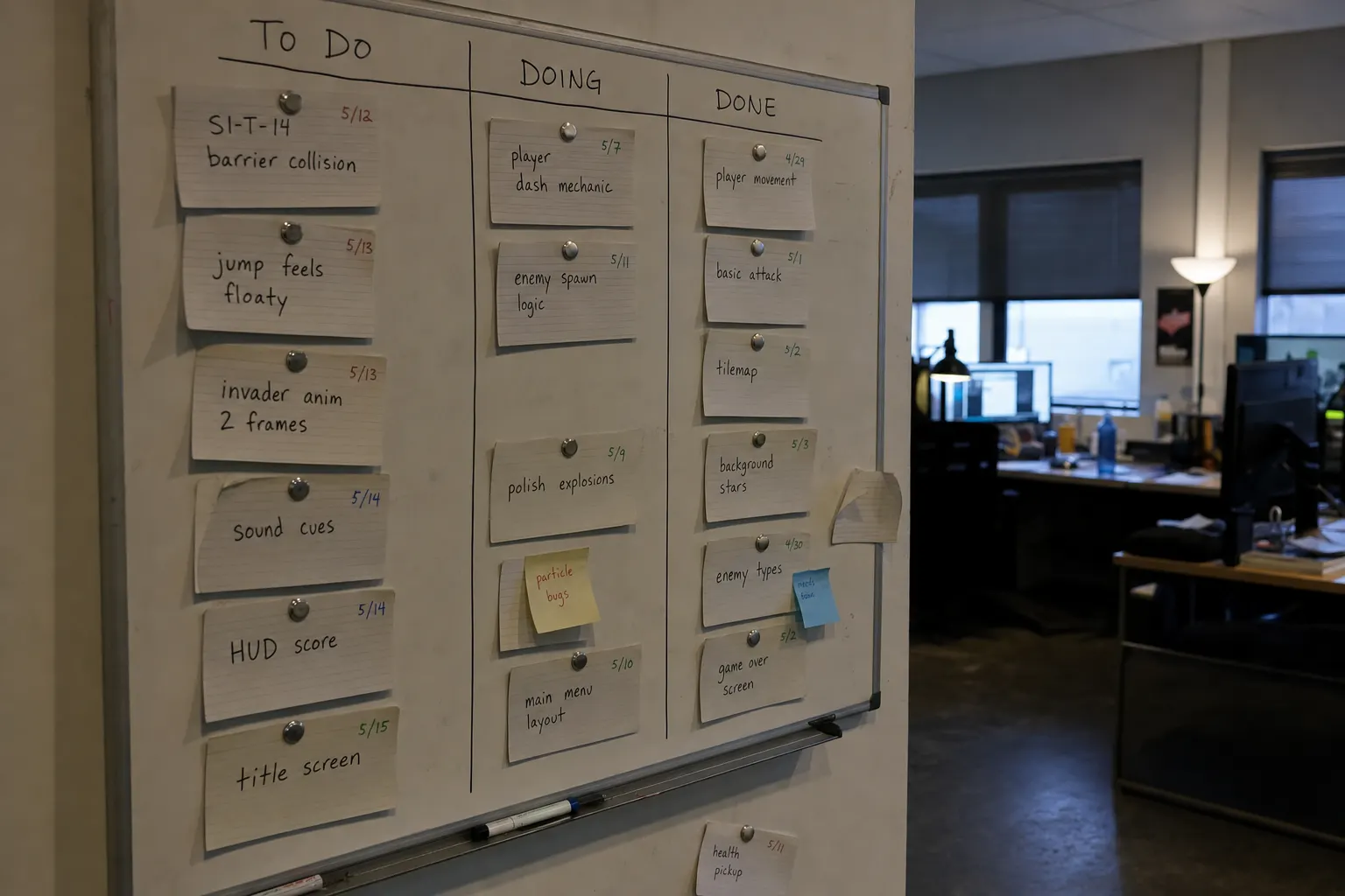 A studio whiteboard kanban of handwritten game tasks with weeks-old dates, one card curling off and another fallen below the board